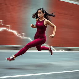 Asian model in a stylish and sexy maroon sport outfit running at lightning speed, reminiscent of the flash's incredible velocity