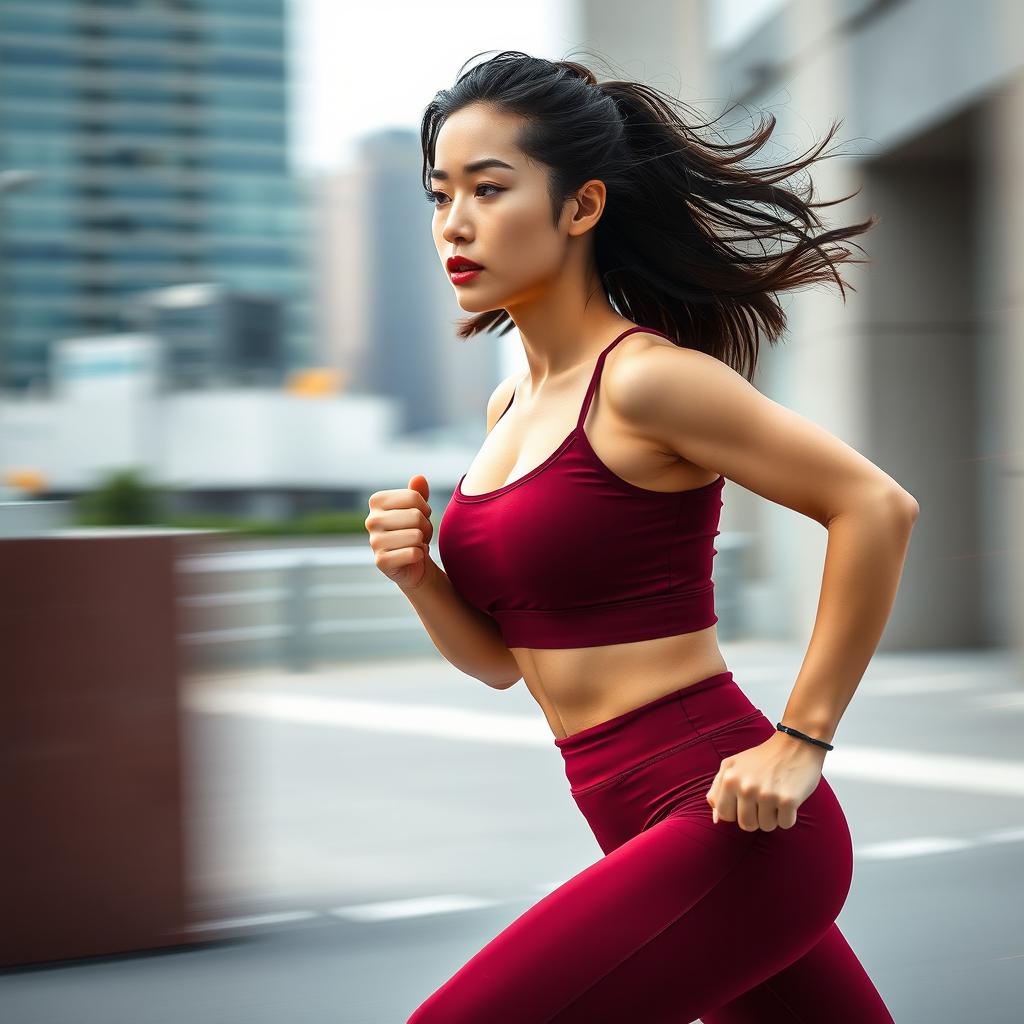 Asian model in a stylish and sexy maroon sport outfit running at lightning speed, reminiscent of the flash's incredible velocity