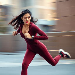 Asian model in a stylish and sexy maroon sport outfit running at lightning speed, reminiscent of the flash's incredible velocity