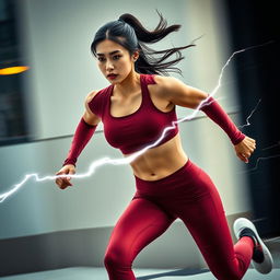 Asian model in a stylish and sexy maroon sport outfit running at lightning speed, reminiscent of the flash's incredible velocity