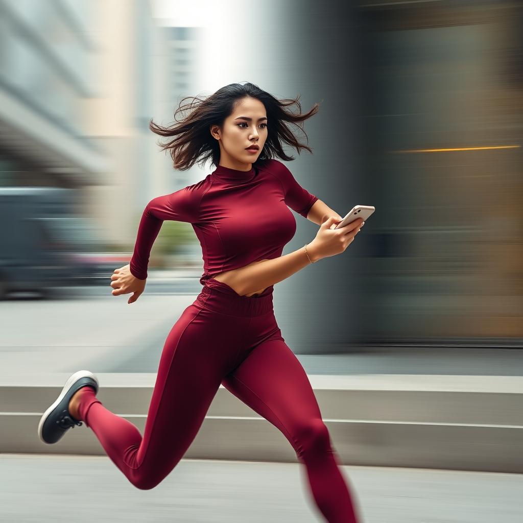 Asian model in a stylish and sexy maroon sport outfit running at an incredible speed, akin to the flash, while holding a smartphone in a scanning posture