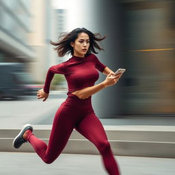 Asian model in a stylish and sexy maroon sport outfit running at an incredible speed, akin to the flash, while holding a smartphone in a scanning posture