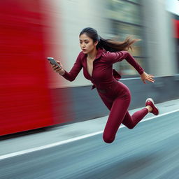 Asian model in a stylish and sexy maroon sport outfit running at an incredible speed, akin to the flash, while holding a smartphone in a scanning posture