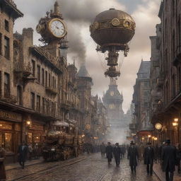 A bustling steampunk cityscape filled with towering buildings adorned with cogs and gears, vintage clock towers, steam-filled pipes, and airships dotting the smoky sky. Pedestrians in Victorian attire roam the cobblestone streets and trains chug along elevated railway tracks.