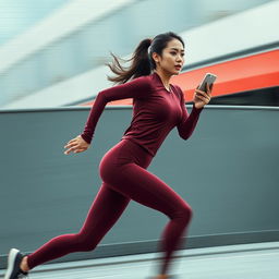 Asian model in a stylish and sexy maroon sport outfit running at an incredible speed, akin to the flash, while holding a smartphone in a scanning posture