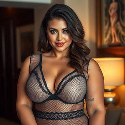 a voluptuous and confident woman with large breasts, wearing a beautifully designed mesh dress over elegant underwear