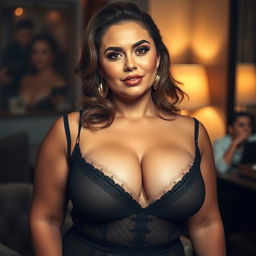 a voluptuous and confident woman with large breasts, wearing a beautifully designed mesh dress over elegant underwear