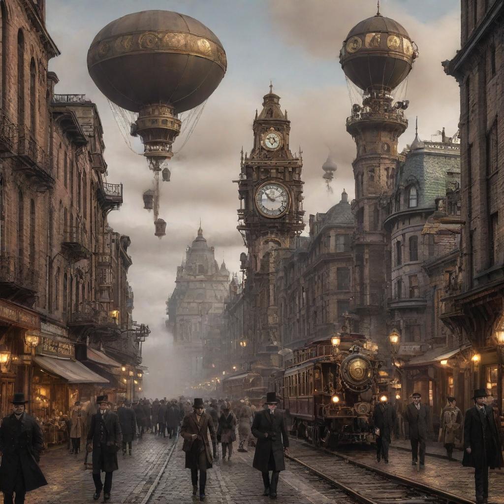 A bustling steampunk cityscape filled with towering buildings adorned with cogs and gears, vintage clock towers, steam-filled pipes, and airships dotting the smoky sky. Pedestrians in Victorian attire roam the cobblestone streets and trains chug along elevated railway tracks.