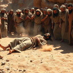 A dramatic scene from biblical times, depicting a man in period-appropriate clothing lying on the ground