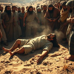 A dramatic scene from biblical times, depicting a man in period-appropriate clothing lying on the ground