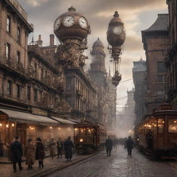 A bustling steampunk cityscape filled with towering buildings adorned with cogs and gears, vintage clock towers, steam-filled pipes, and airships dotting the smoky sky. Pedestrians in Victorian attire roam the cobblestone streets and trains chug along elevated railway tracks.