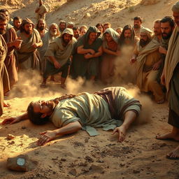 A dramatic scene from biblical times, depicting a man in period-appropriate clothing lying on the ground