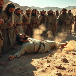 A dramatic scene from biblical times, depicting a man in period-appropriate clothing lying on the ground