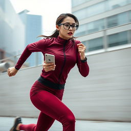 Asian model in a stylish and sexy maroon sport outfit paired with sleek black glasses, sprinting with incredible speed akin to the flash