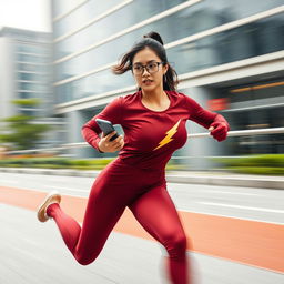 Asian model in a stylish and sexy maroon sport outfit paired with sleek black glasses, sprinting with incredible speed akin to the flash