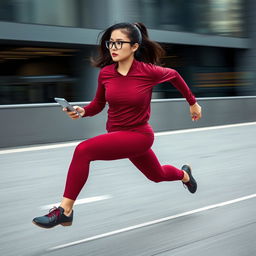 Asian model in a stylish and sexy maroon sport outfit paired with sleek black glasses, sprinting with incredible speed akin to the flash