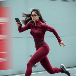 Asian model in a stylish and sexy maroon sport outfit paired with sleek black glasses, sprinting with incredible speed akin to the flash