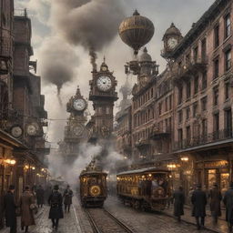 A bustling steampunk cityscape filled with towering buildings adorned with cogs and gears, vintage clock towers, steam-filled pipes, and airships dotting the smoky sky. Pedestrians in Victorian attire roam the cobblestone streets and trains chug along elevated railway tracks.