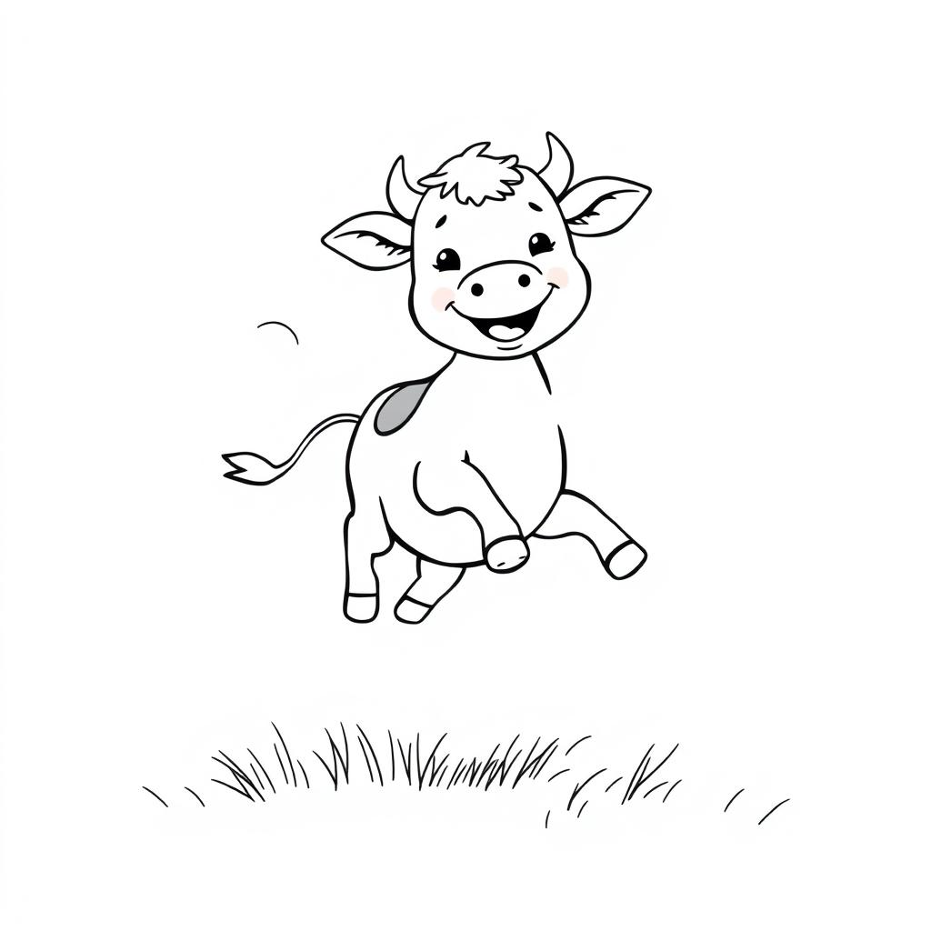 A simple, black and white drawing of a playful calf jumping energetically in a field