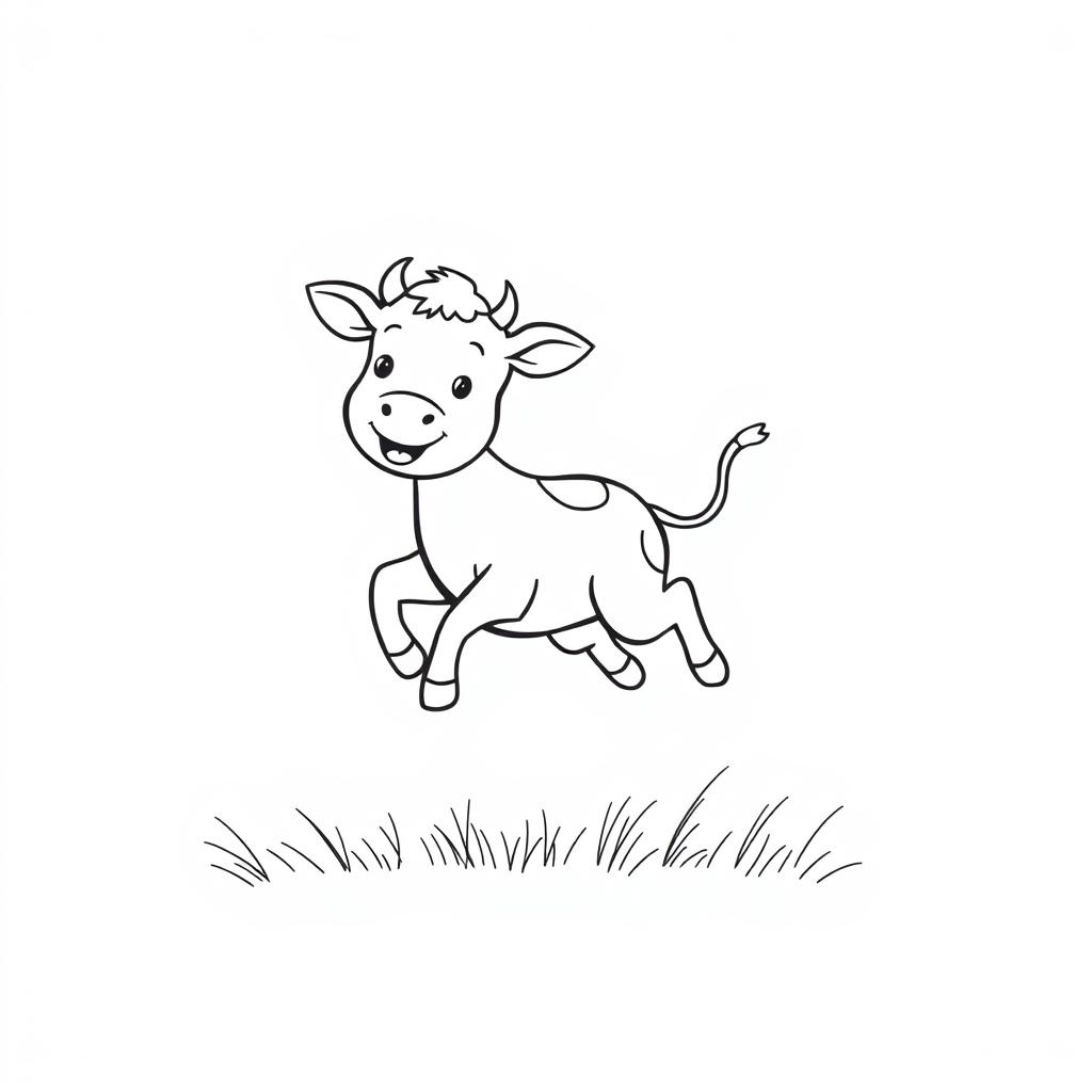 A simple, black and white drawing of a playful calf jumping energetically in a field