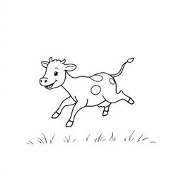 A simple, black and white drawing of a playful calf jumping energetically in a field