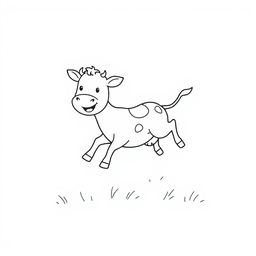 A simple, black and white drawing of a playful calf jumping energetically in a field