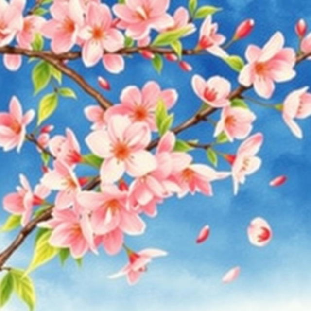 A vibrant watercolor painting of a cherry blossom tree in full bloom