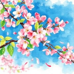 A vibrant watercolor painting of a cherry blossom tree in full bloom