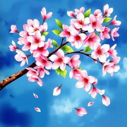 A vibrant watercolor painting of a cherry blossom tree in full bloom