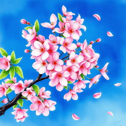 A vibrant watercolor painting of a cherry blossom tree in full bloom