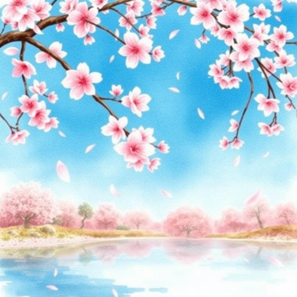 A cherry blossom tree in full bloom, watercolor painting