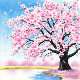 A cherry blossom tree in full bloom, watercolor painting