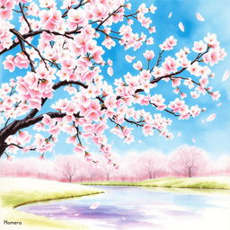 A cherry blossom tree in full bloom, watercolor painting