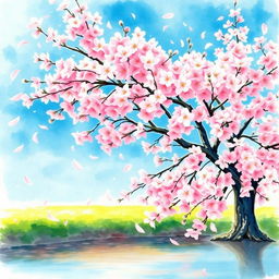 A cherry blossom tree in full bloom, watercolor painting