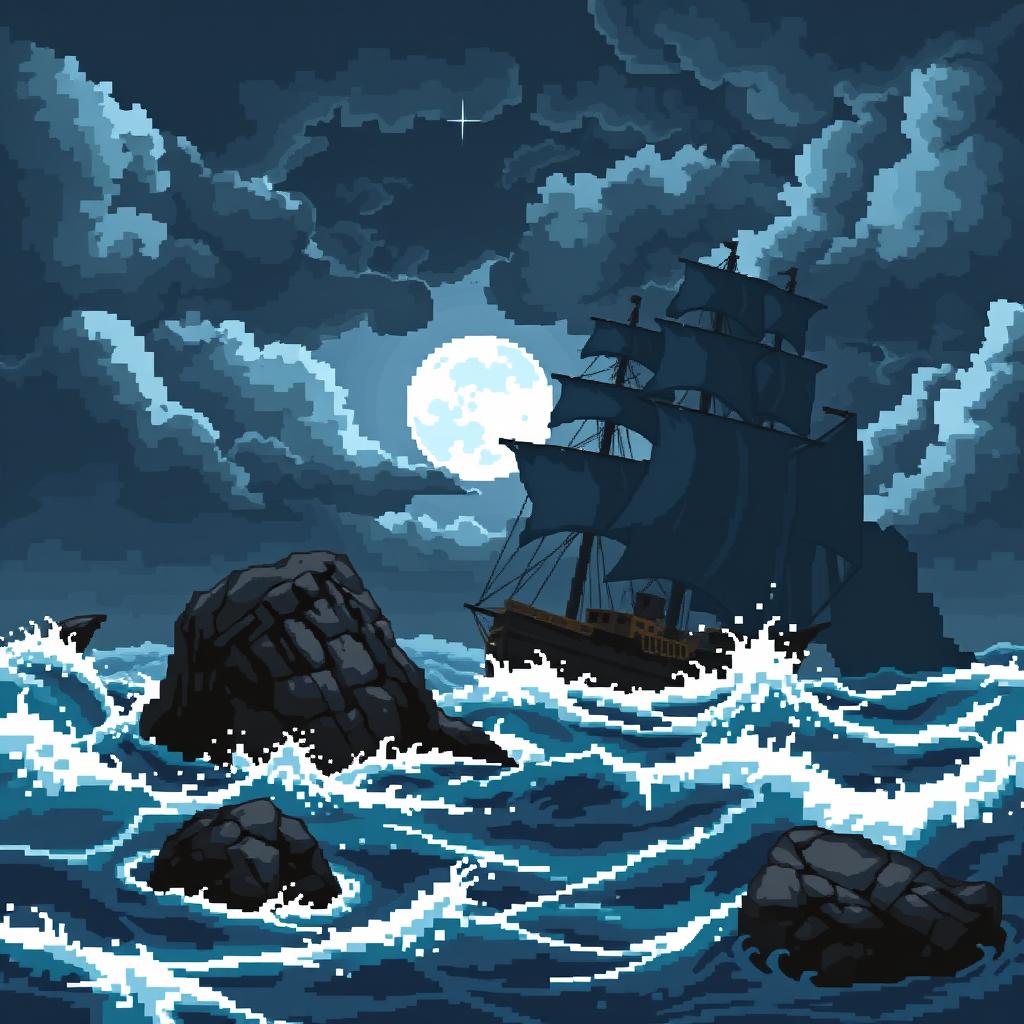 Pixel art depicting a dramatic seascape scene during a storm