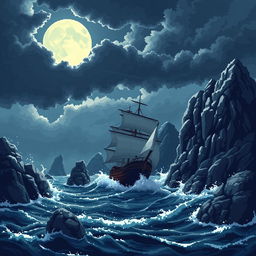 Pixel art depicting a dramatic seascape scene during a storm