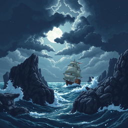 Pixel art depicting a dramatic seascape scene during a storm