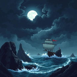 Pixel art depicting a dramatic seascape scene during a storm