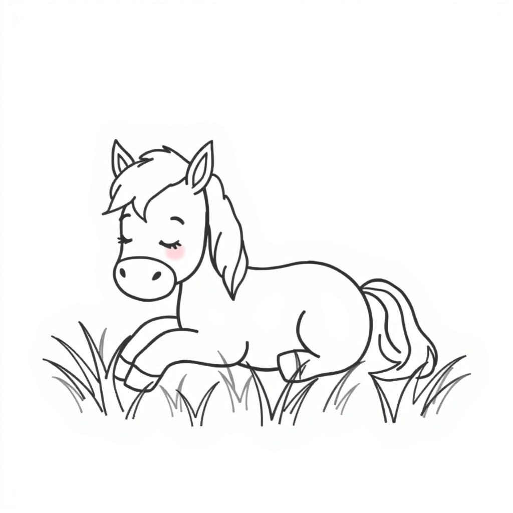 A simple, black and white drawing of a cute pony lying peacefully in the grass