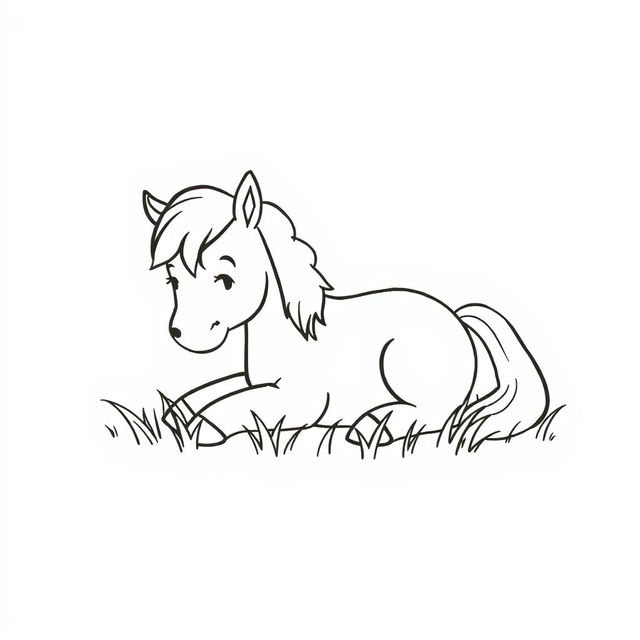 A simple, black and white drawing of a cute pony lying peacefully in the grass