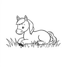 A simple, black and white drawing of a cute pony lying peacefully in the grass