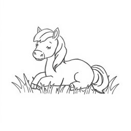 A simple, black and white drawing of a cute pony lying peacefully in the grass