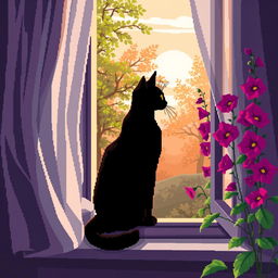 pixel art of a black cat sitting on the windowsill, gazing out of an open window