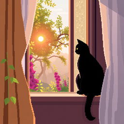 pixel art of a black cat sitting on the windowsill, gazing out of an open window