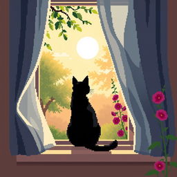 pixel art of a black cat sitting on the windowsill, gazing out of an open window