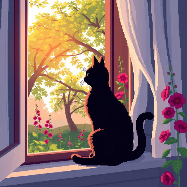 pixel art of a black cat sitting on the windowsill, gazing out of an open window