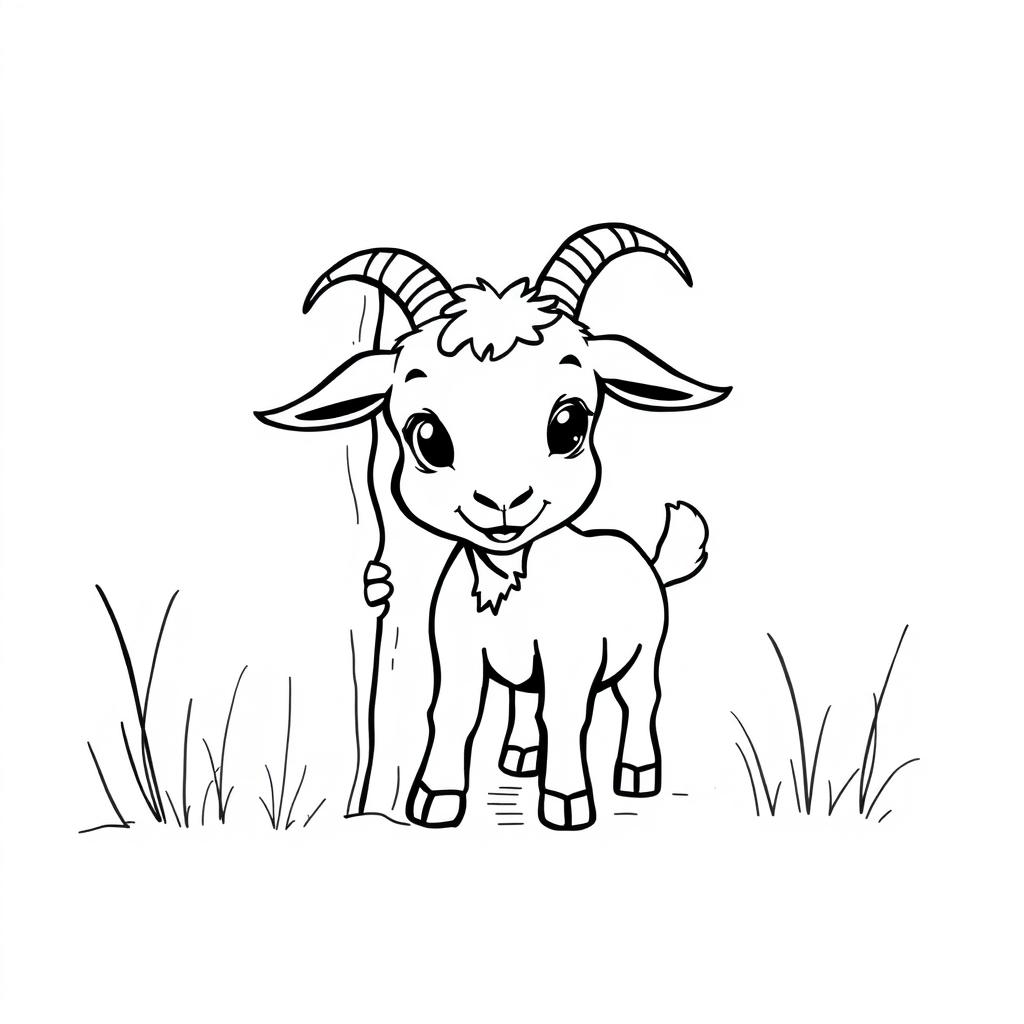 A simple, black and white drawing of a little goat playing hide and seek