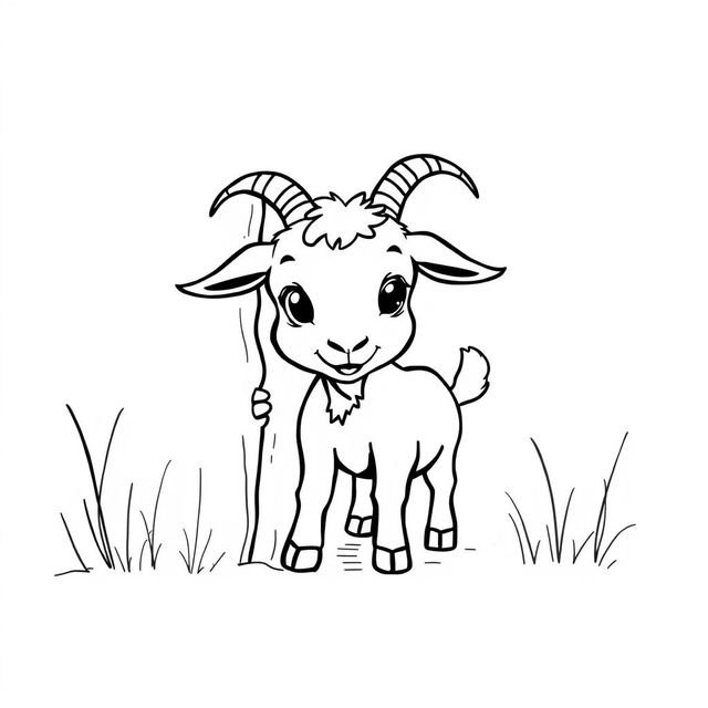 A simple, black and white drawing of a little goat playing hide and seek