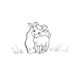 A simple, black and white drawing of a little goat playing hide and seek