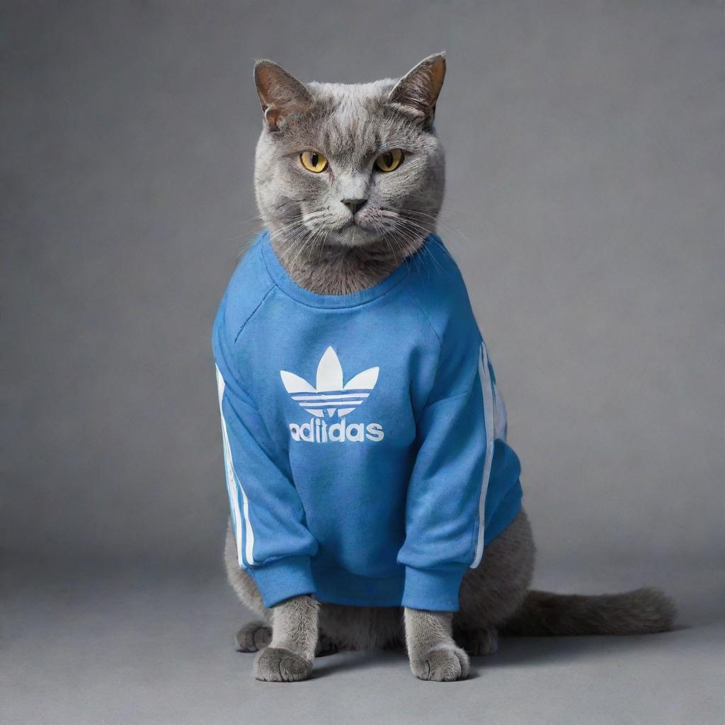 A strong and muscular bluish-grey cat wearing a fashionable Adidas sweatshirt, exuding a powerful yet stylish vibe.